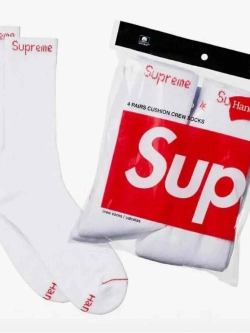 Supreme White Crew Socks with Red Logo Accents - 4 Pack
